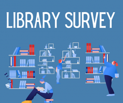 Graphic that says "Library Survey" with shelves of books